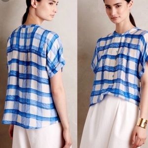 Maeve Anthro Tierra Henley Blue Plaid Silk Blouse